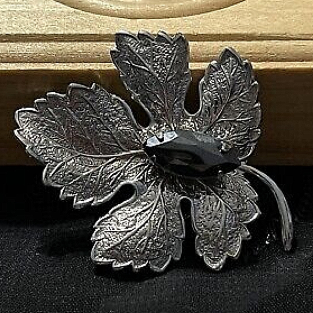 Unique,LargeVintage,Marquise Genuine Hematite,Sterling Silver Leaf Pin,2in X 2in